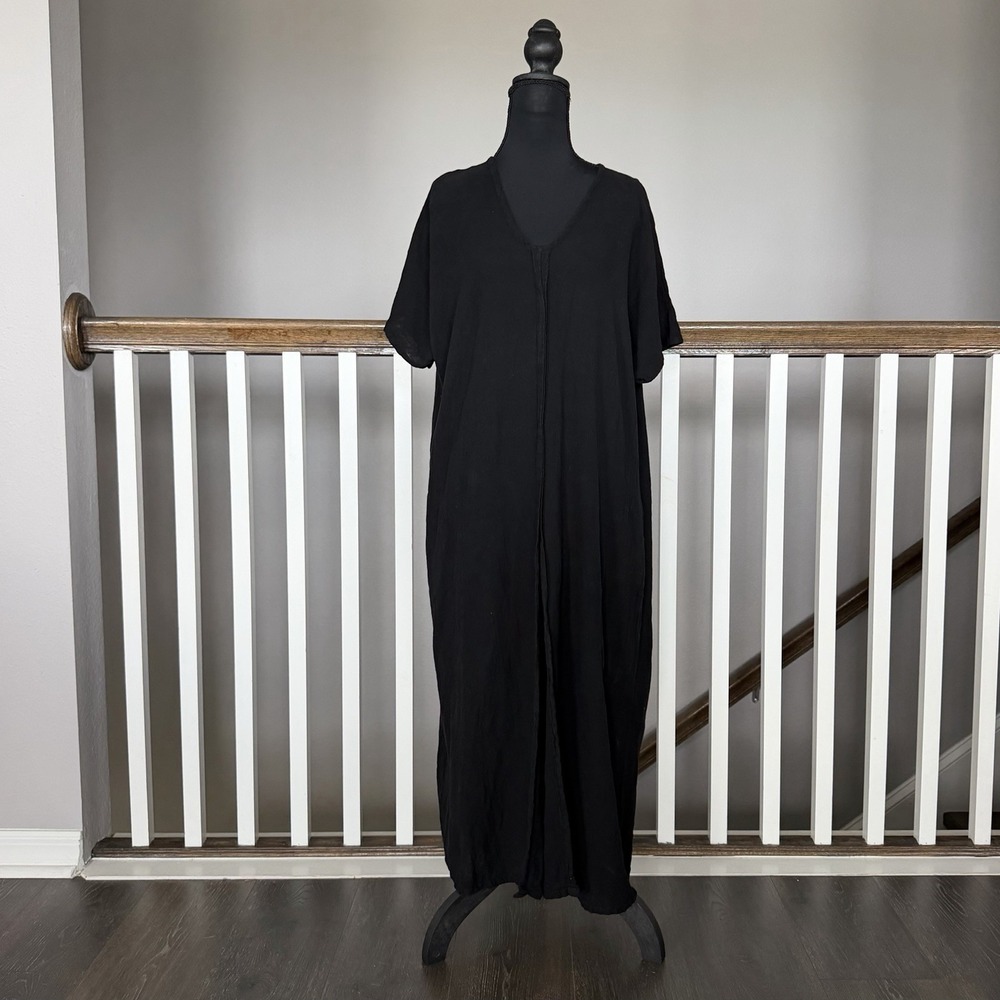 Oh My Gauze 100% Cotton Short Sleeve Maxi Dress Sz 2 Large Black Lagenlook
